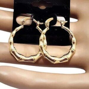 1 1/8 Inch 27mm Bamboo Hoop Pierced Post Earrings Gold Tone